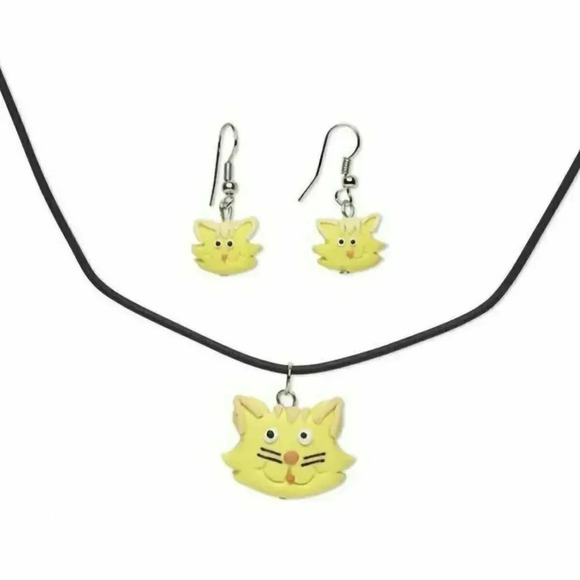 Handmade Yellow Kitten Cats Fimo Polymer Clay Necklace Earrings Jewelry Set - Picture 1 of 1